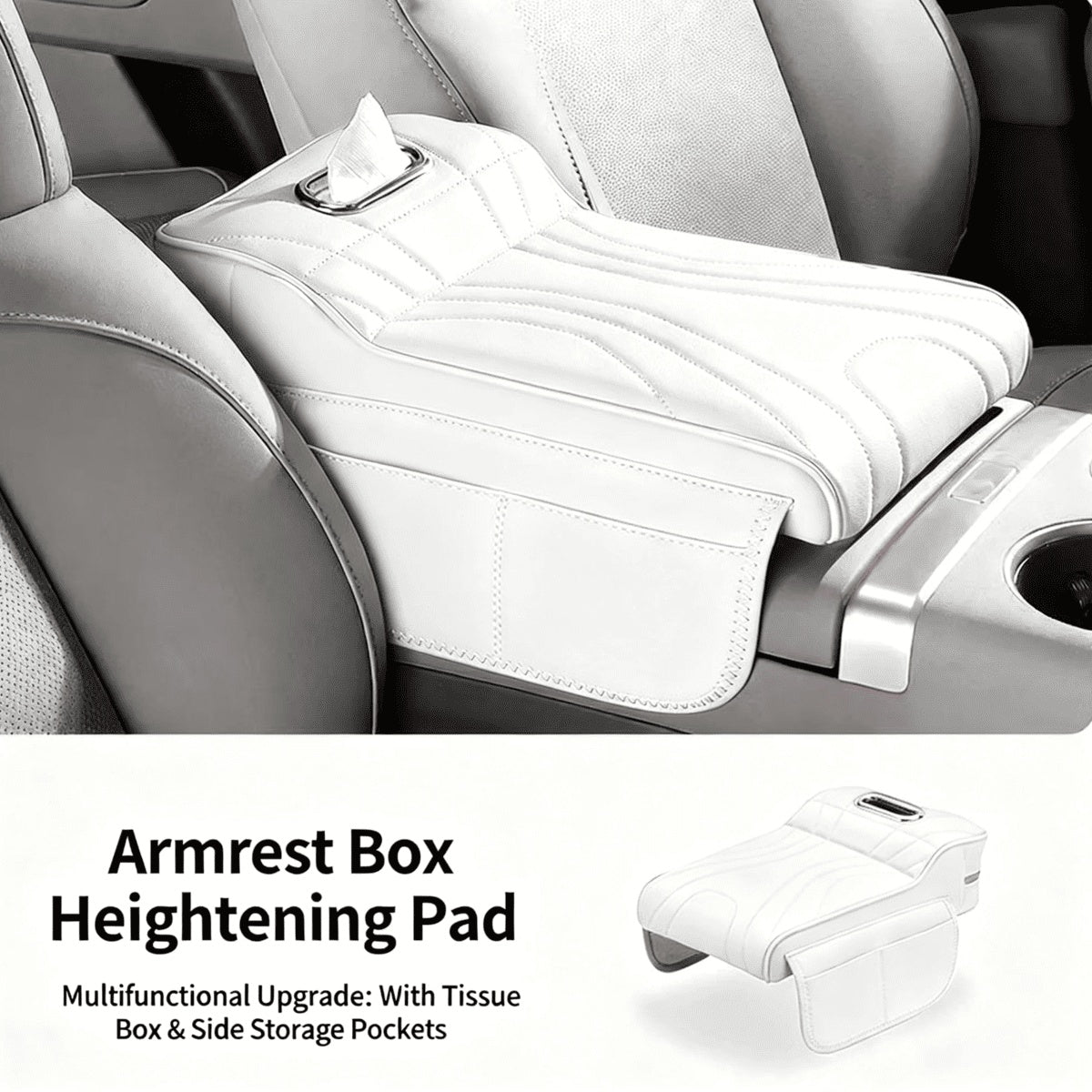 Car Center Console Armrest Cover With Tissue Box And Dual Cup Holders, Leather Armrest Cushion Pad With Side Storage Pockets, Memory Foam Car Interior Accessories, Universal Fit