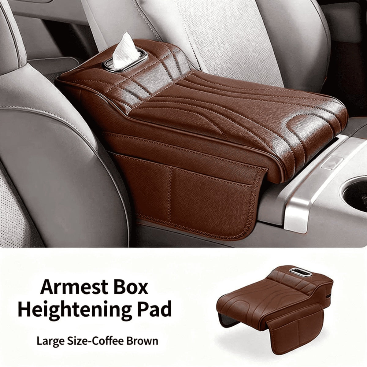 Car Center Console Armrest Cover With Tissue Box And Dual Cup Holders, Leather Armrest Cushion Pad With Side Storage Pockets, Memory Foam Car Interior Accessories, Universal Fit