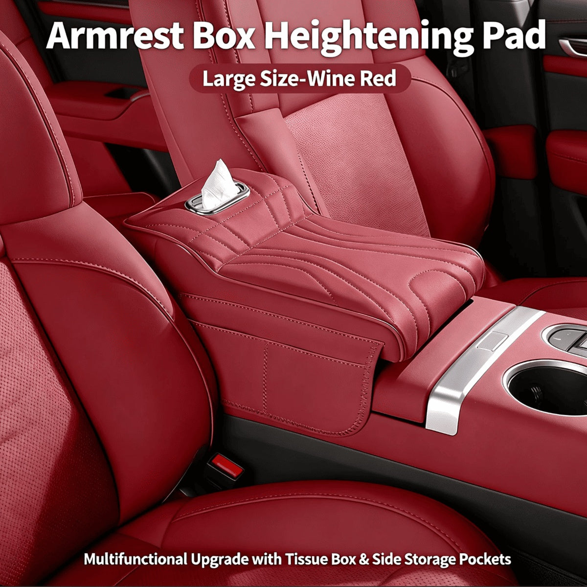 Car Center Console Armrest Cover With Tissue Box And Dual Cup Holders, Leather Armrest Cushion Pad With Side Storage Pockets, Memory Foam Car Interior Accessories, Universal Fit