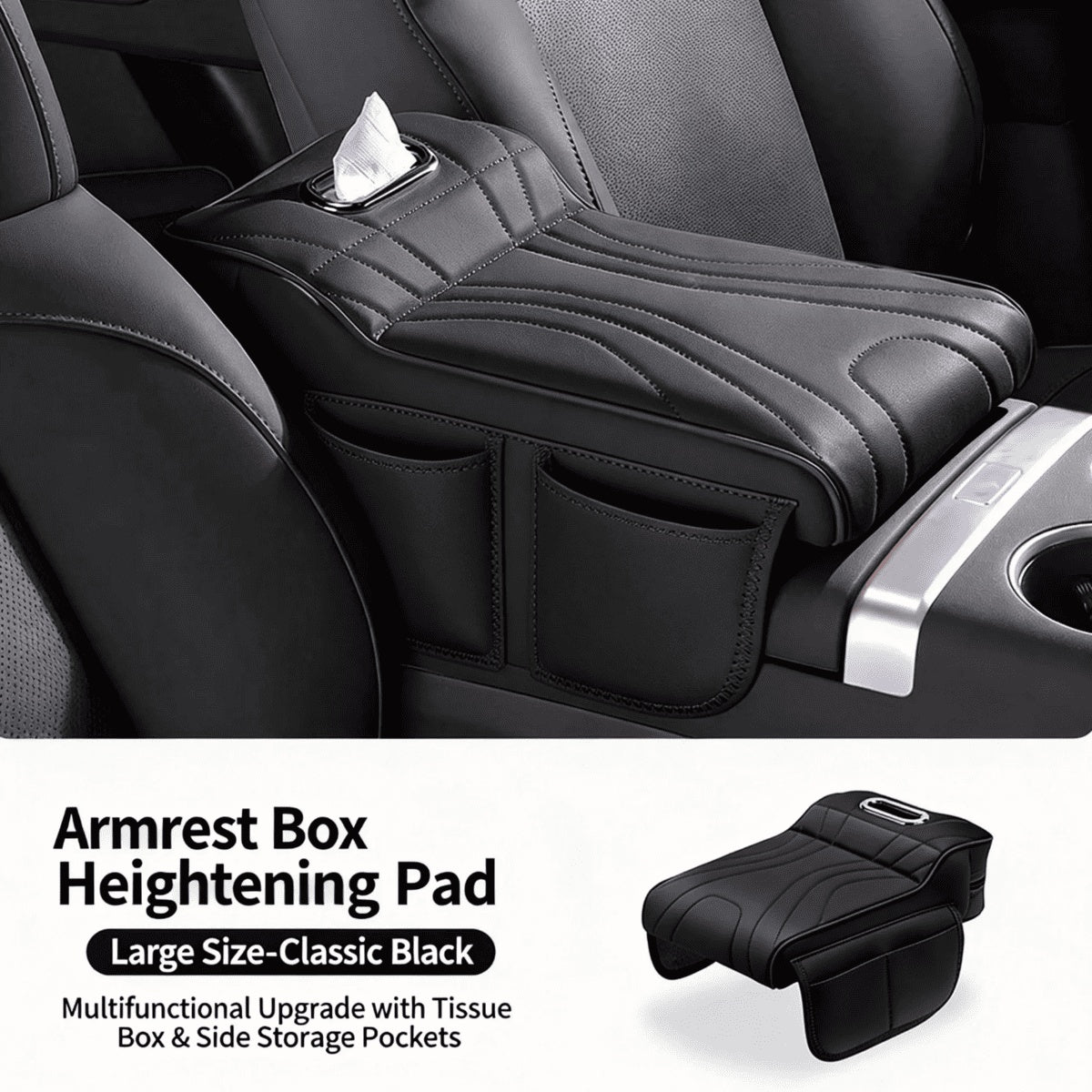 Car Center Console Armrest Cover With Tissue Box And Dual Cup Holders, Leather Armrest Cushion Pad With Side Storage Pockets, Memory Foam Car Interior Accessories, Universal Fit