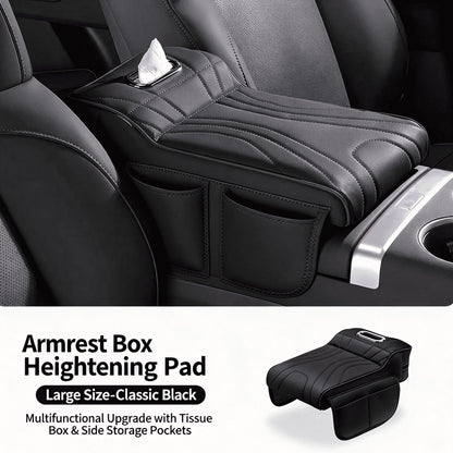 Car Center Console Armrest Cover With Tissue Box And Dual Cup Holders, Leather Armrest Cushion Pad With Side Storage Pockets, Memory Foam Car Interior Accessories, Universal Fit