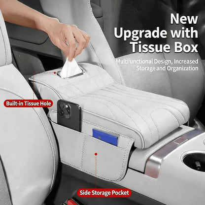 Car Center Console Armrest Cover With Tissue Box And Dual Cup Holders, Leather Armrest Cushion Pad With Side Storage Pockets, Memory Foam Car Interior Accessories, Universal Fit
