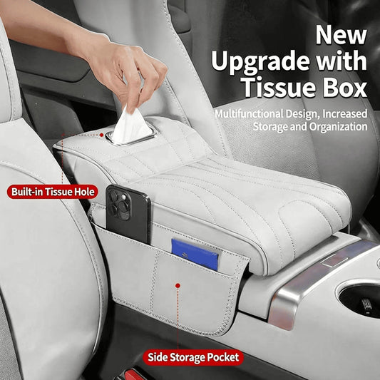 Car Center Console Armrest Cover With Tissue Box And Dual Cup Holders, Leather Armrest Cushion Pad With Side Storage Pockets, Memory Foam Car Interior Accessories, Universal Fit
