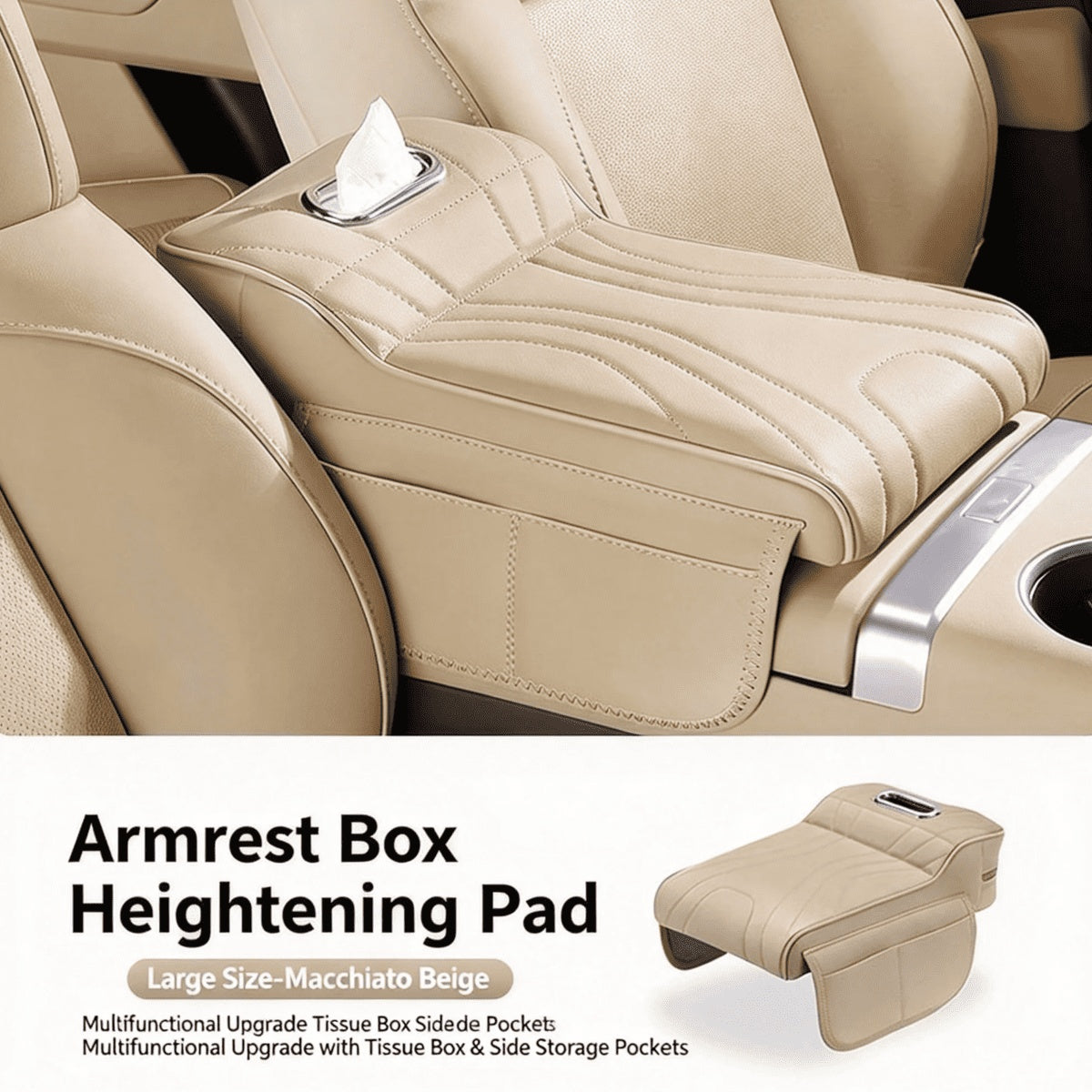 Car Center Console Armrest Cover With Tissue Box And Dual Cup Holders, Leather Armrest Cushion Pad With Side Storage Pockets, Memory Foam Car Interior Accessories, Universal Fit