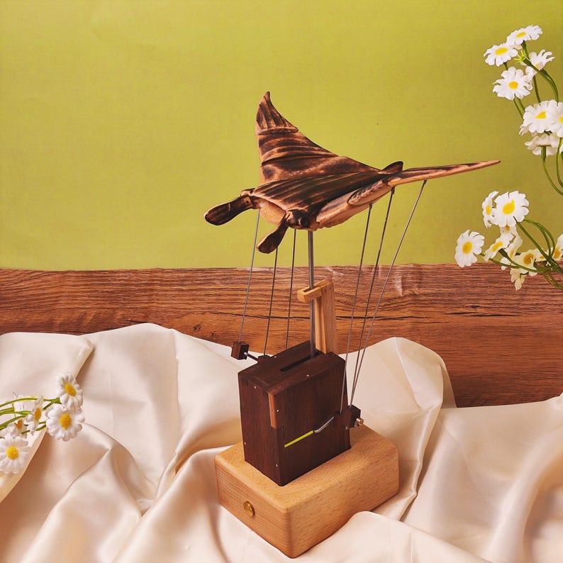 Handcrafted Wooden Manta Ray Automaton